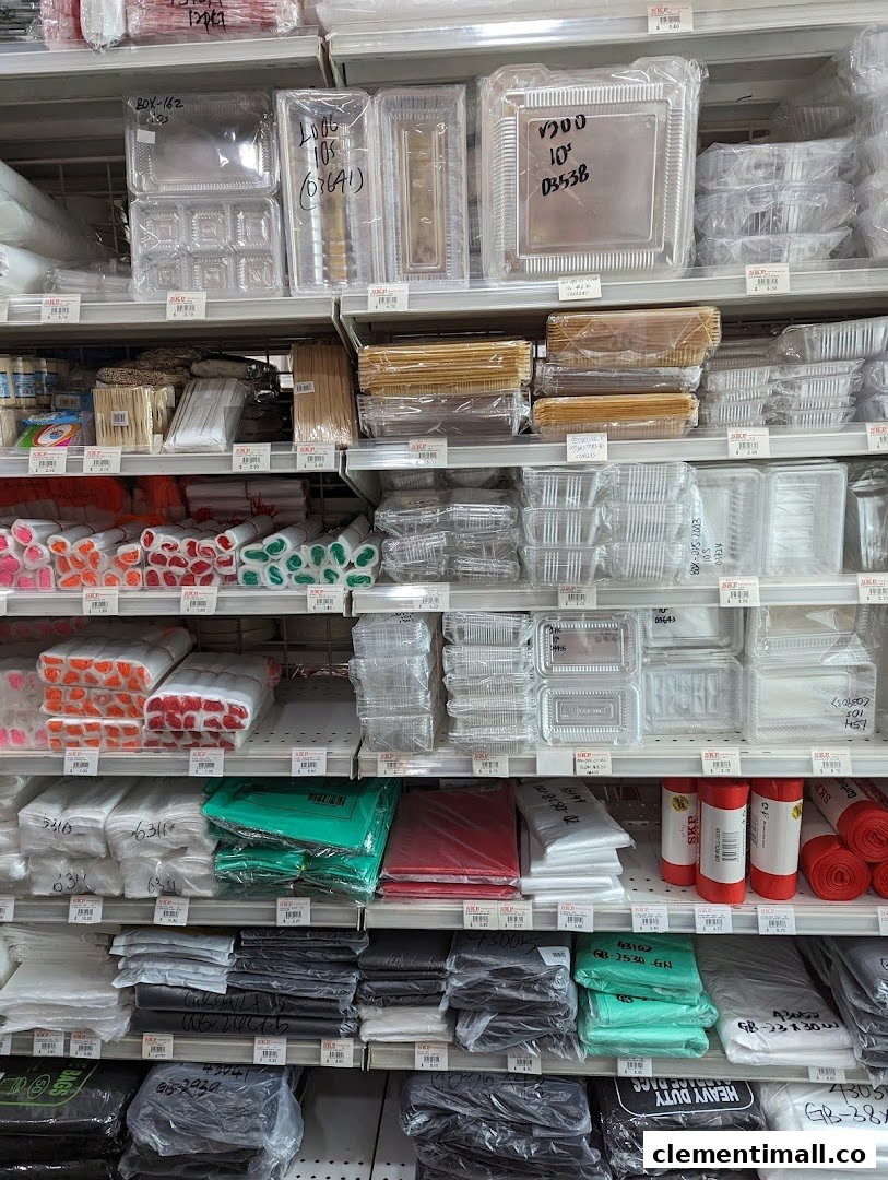 Shelves stocked with various packaging materials, disposable containers, and plastic bags at SKP.