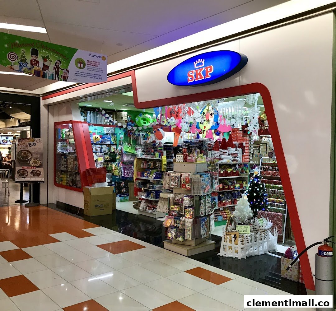 The vibrant shop front of SKP, a retail store offering gifts, party supplies, and stationery in Clementi Mall.