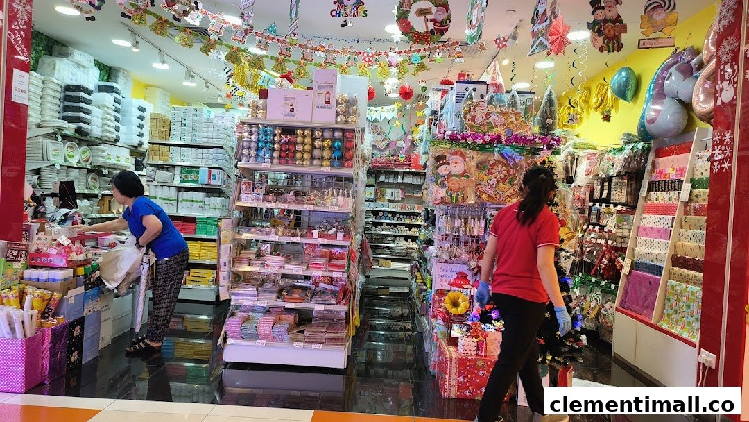 Interior view of SKP Clementi Mall, a shop filled with party supplies, disposable goods, and festive Christmas decorations.
