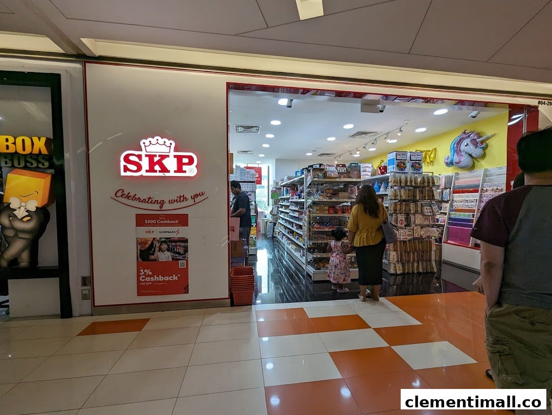 The brightly lit entrance of SKP, a retail shop, with customers browsing inside.