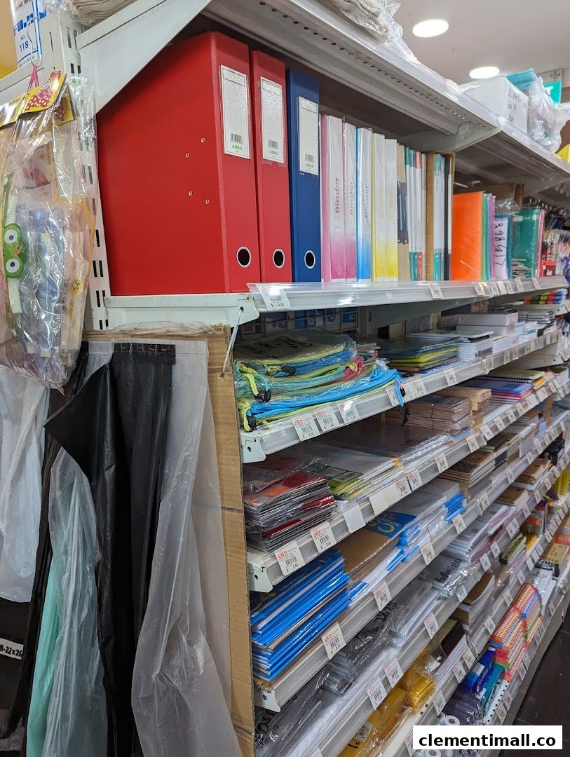 Shelves filled with a wide array of colorful stationery, binders, and office supplies at SKP.