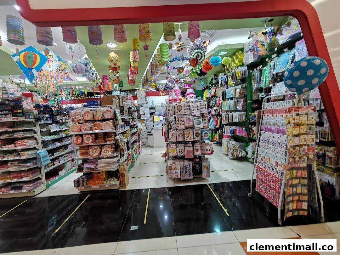 A vibrant interior view of SKP, showcasing a wide array of party supplies, stationery, and decorative items.