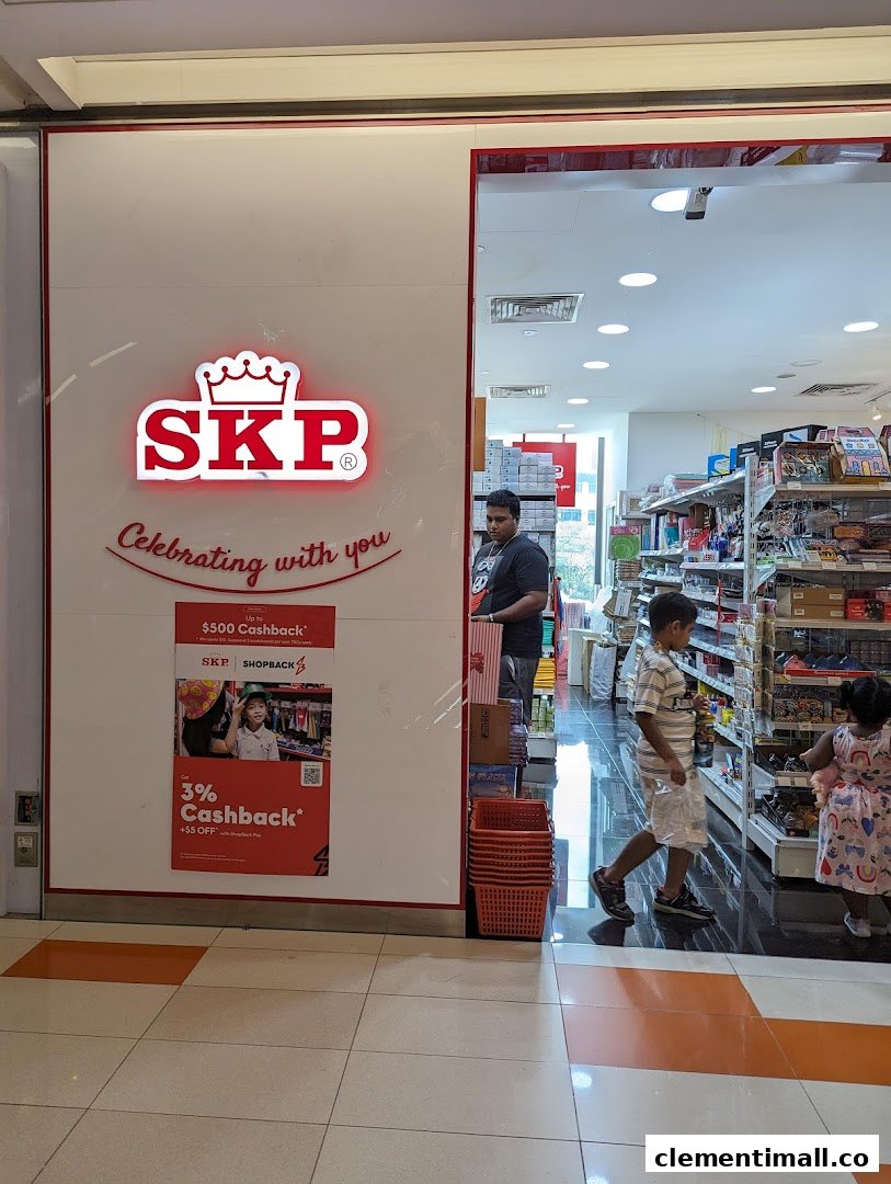 The bright red SKP logo illuminates the shop entrance, inviting customers into a store filled with various goods.