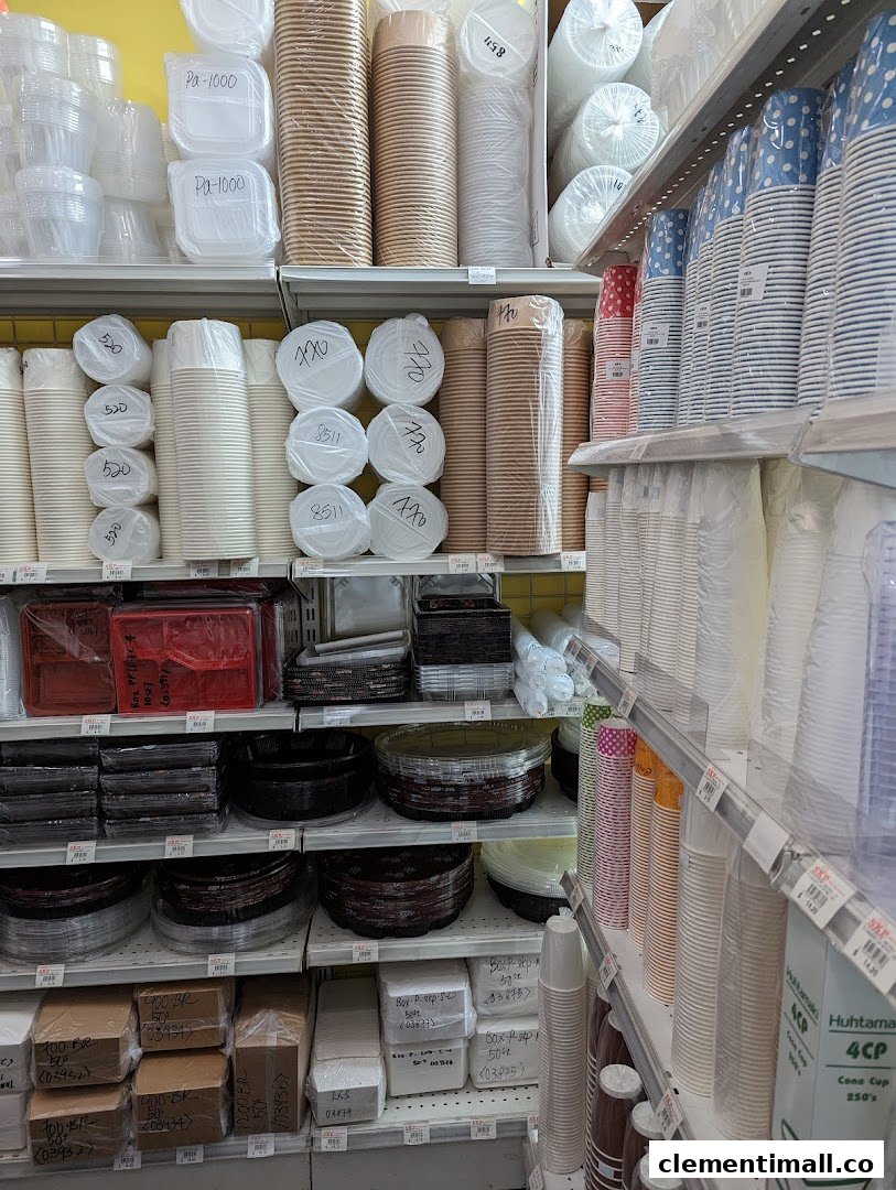 Shelves stocked with a wide variety of disposable food packaging, cups, and containers.