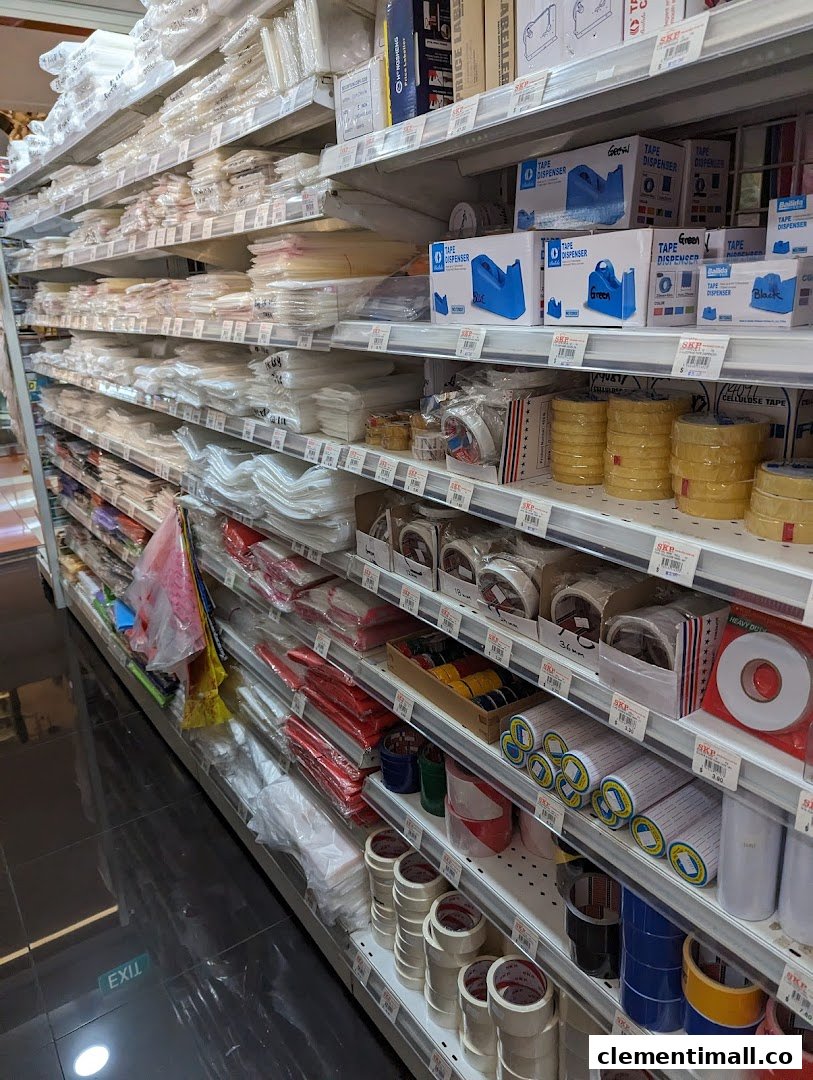 An aisle in SKP Clementi Mall displaying a wide range of packaging materials, tapes, and stationery supplies.