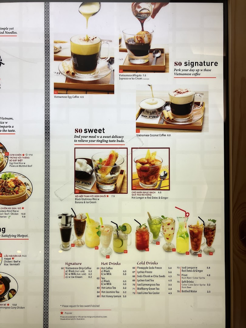 A menu page displaying a variety of Vietnamese signature coffees, hot and cold beverages, and traditional desserts.
