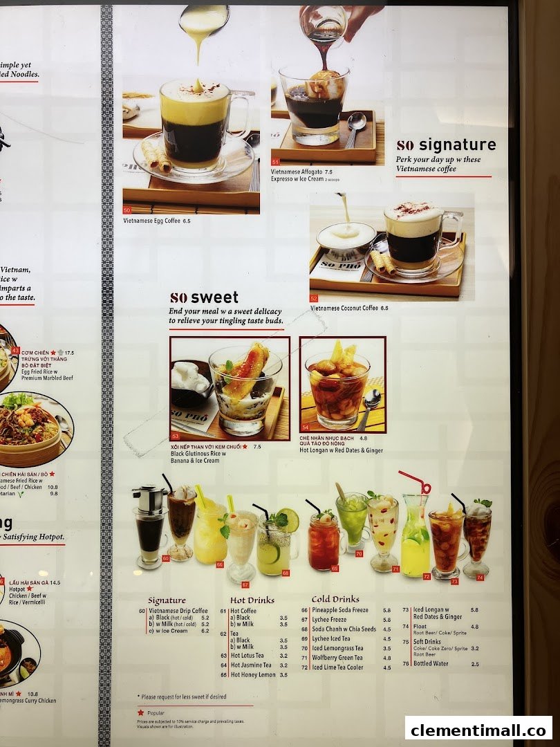 A menu page displaying a variety of Vietnamese signature coffees, hot and cold beverages, and traditional desserts.
