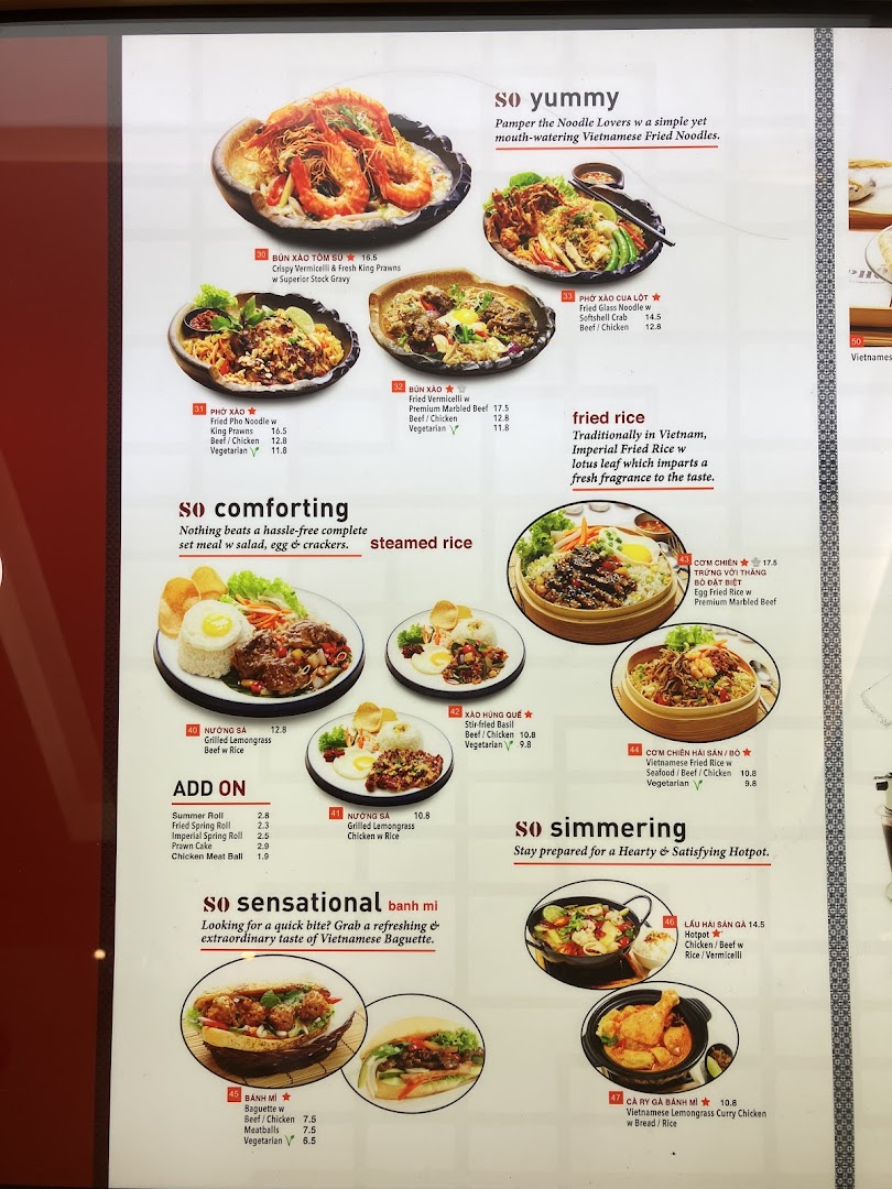 A vibrant menu display showcasing a variety of Vietnamese noodle, rice, and banh mi dishes.