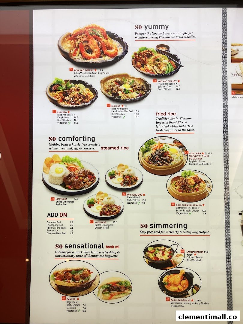 A vibrant menu display showcasing a variety of Vietnamese noodle, rice, and banh mi dishes.