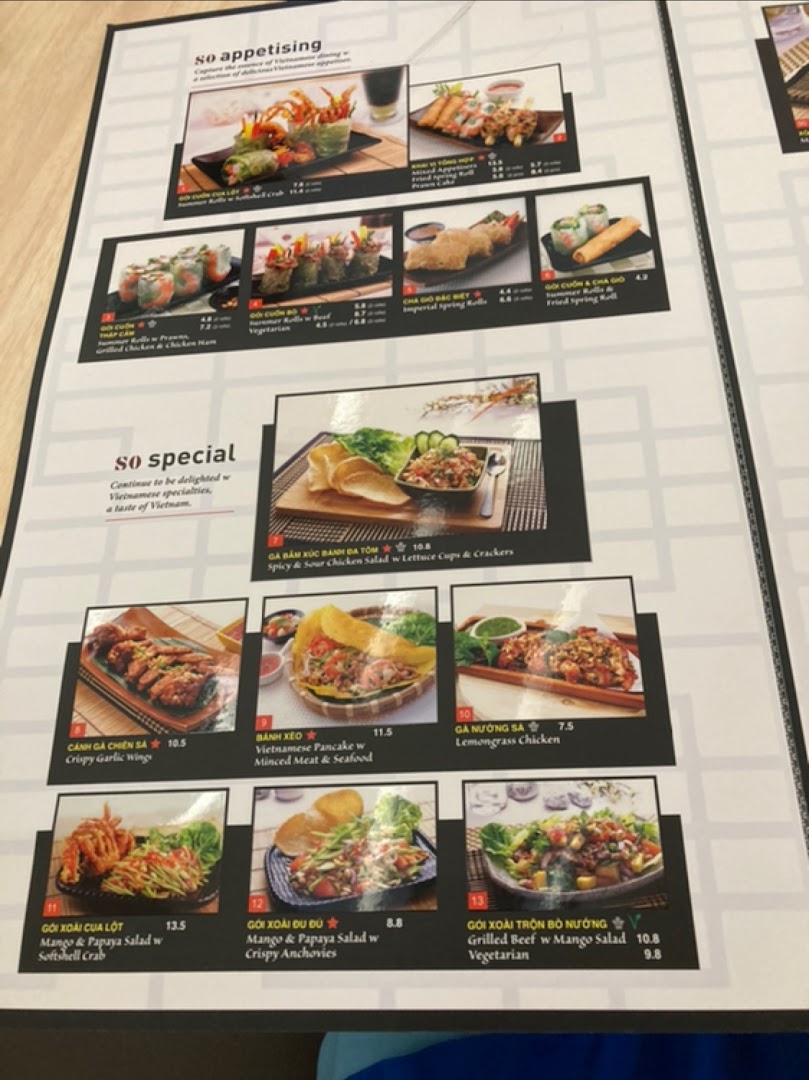 A detailed menu page from So Pho, showcasing a variety of Vietnamese appetizers and specialties.