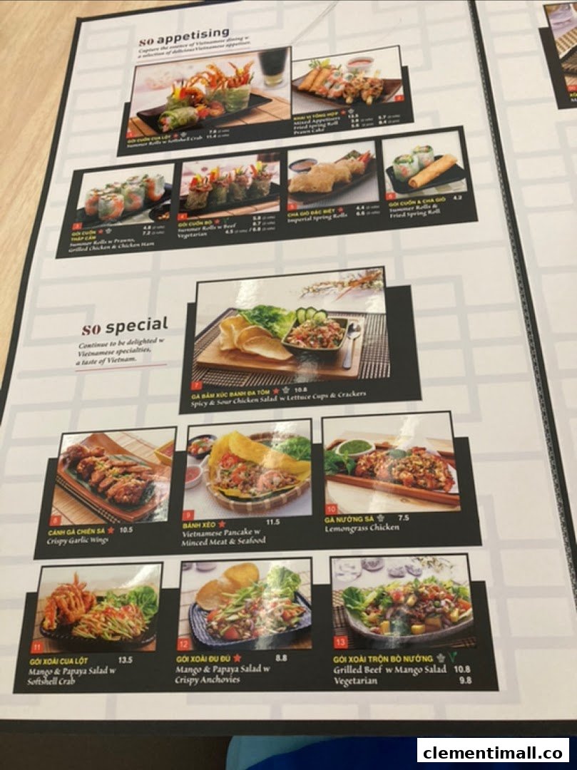 A detailed menu page from So Pho, showcasing a variety of Vietnamese appetizers and specialties.