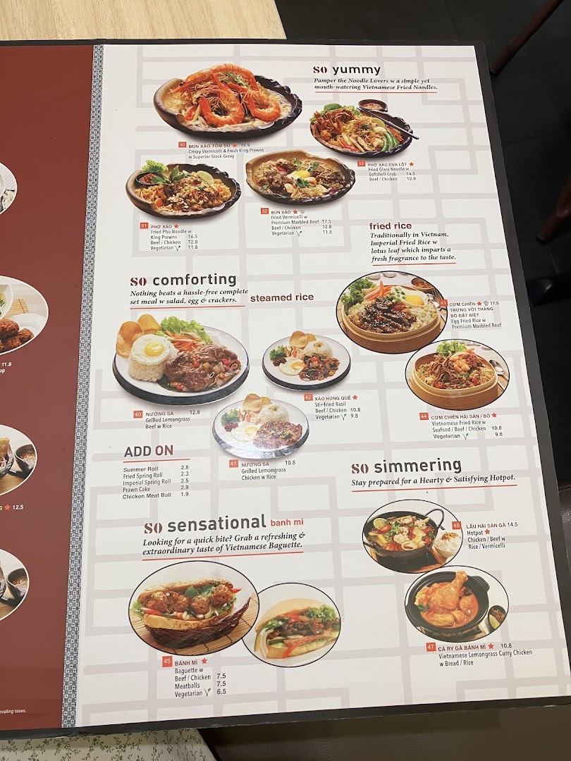 A detailed menu from So Pho Clementi Mall, showcasing various Vietnamese dishes with images and prices.