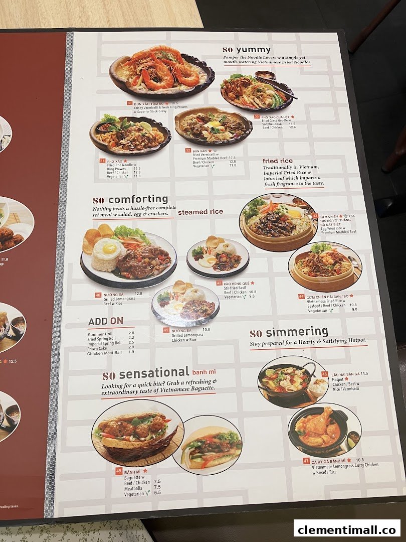 A detailed menu from So Pho Clementi Mall, showcasing various Vietnamese dishes with images and prices.