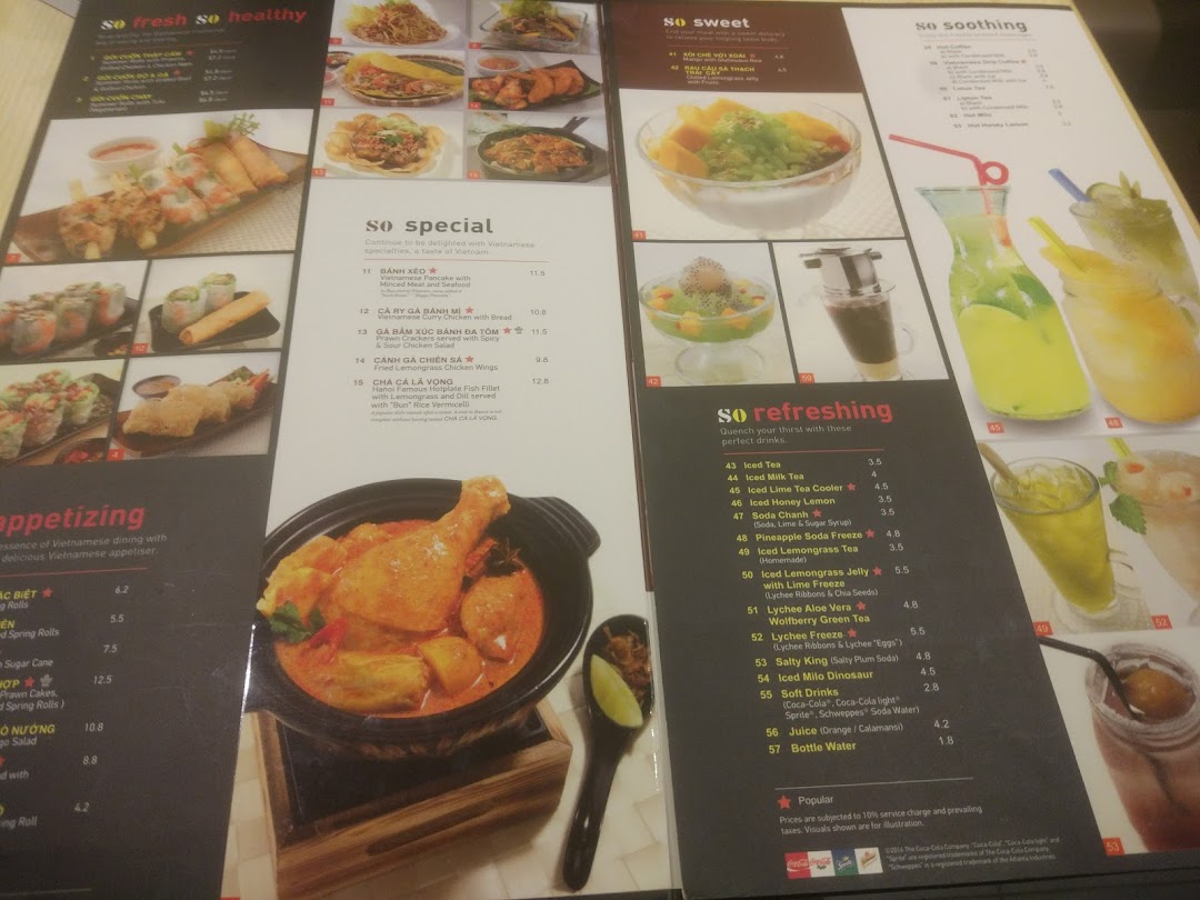 A detailed menu from So Pho, showcasing a variety of Vietnamese dishes and refreshing beverages.
