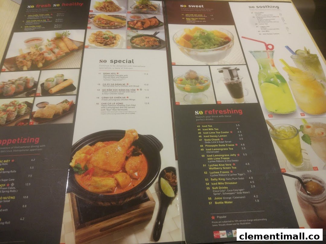 A detailed menu from So Pho, showcasing a variety of Vietnamese dishes and refreshing beverages.