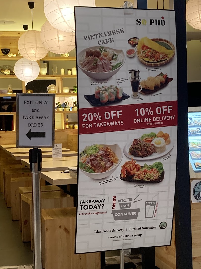 A promotional banner for So Pho Vietnamese Cafe showcasing popular dishes and current takeaway/delivery offers.
