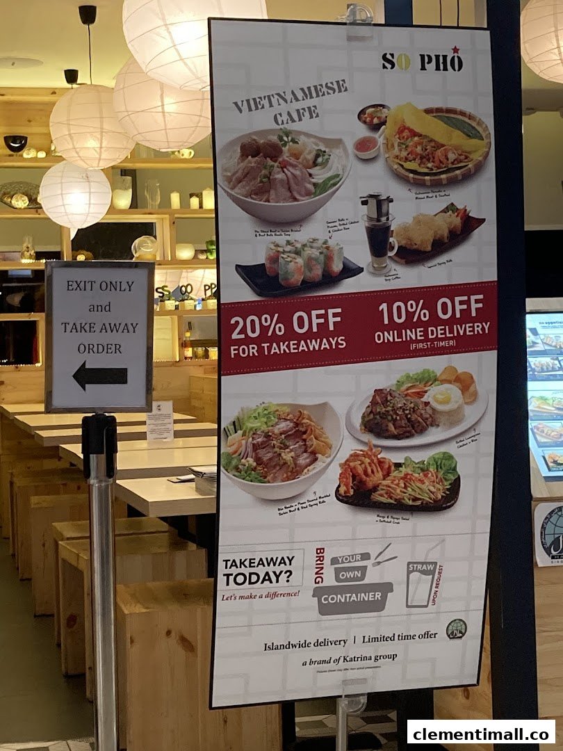 A promotional banner for So Pho Vietnamese Cafe showcasing popular dishes and current takeaway/delivery offers.