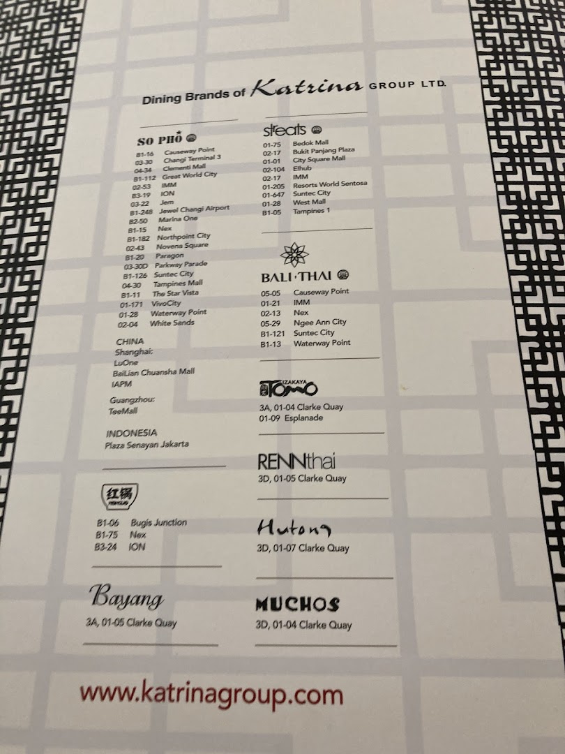 A directory displaying various dining brands and their outlet locations under the Katrina Group.