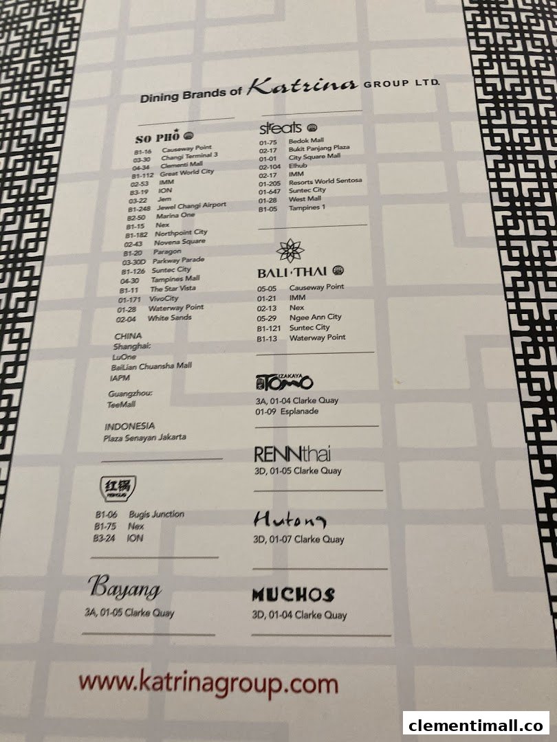 A directory displaying various dining brands and their outlet locations under the Katrina Group.
