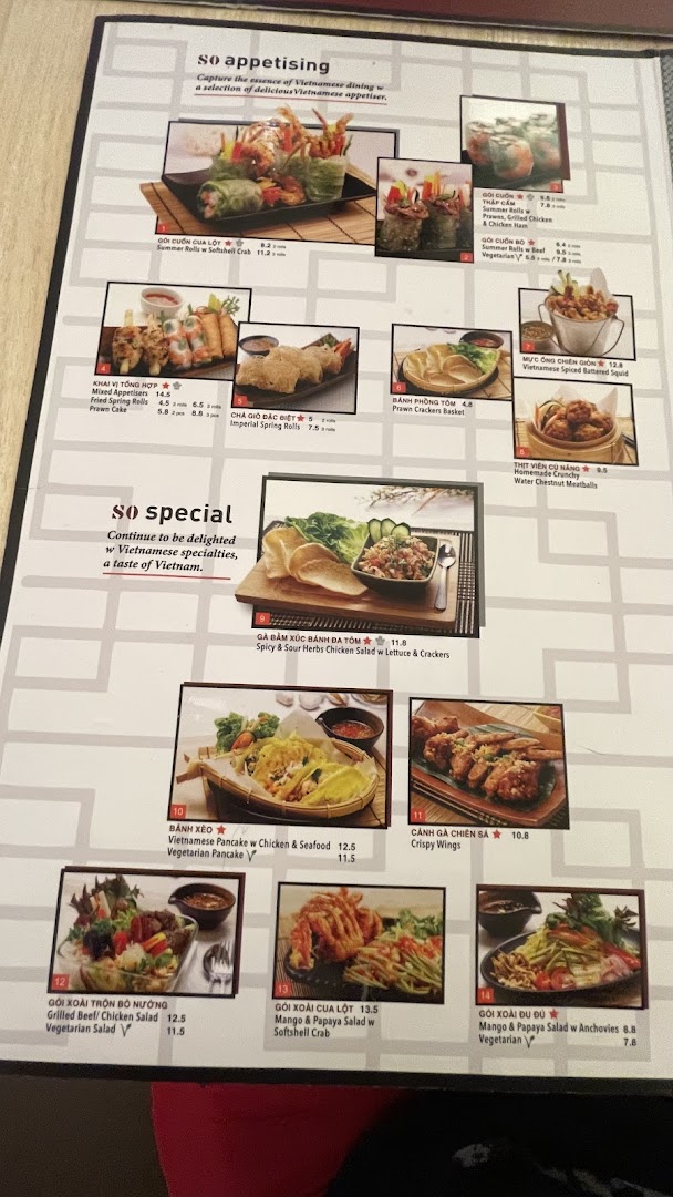 A detailed menu page showcasing a variety of Vietnamese appetizers and specialties with images and prices.