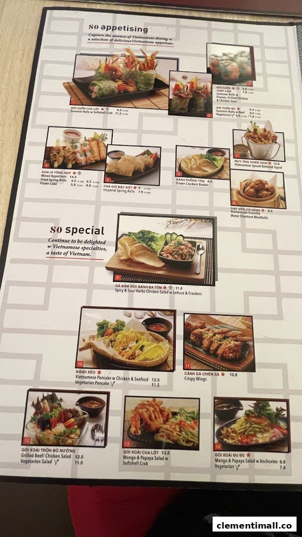 A detailed menu page showcasing a variety of Vietnamese appetizers and specialties with images and prices.