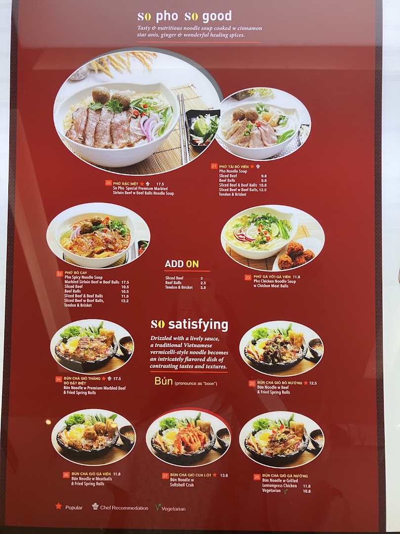 A vibrant menu displaying various Vietnamese pho and bun noodle dishes with descriptions and prices.