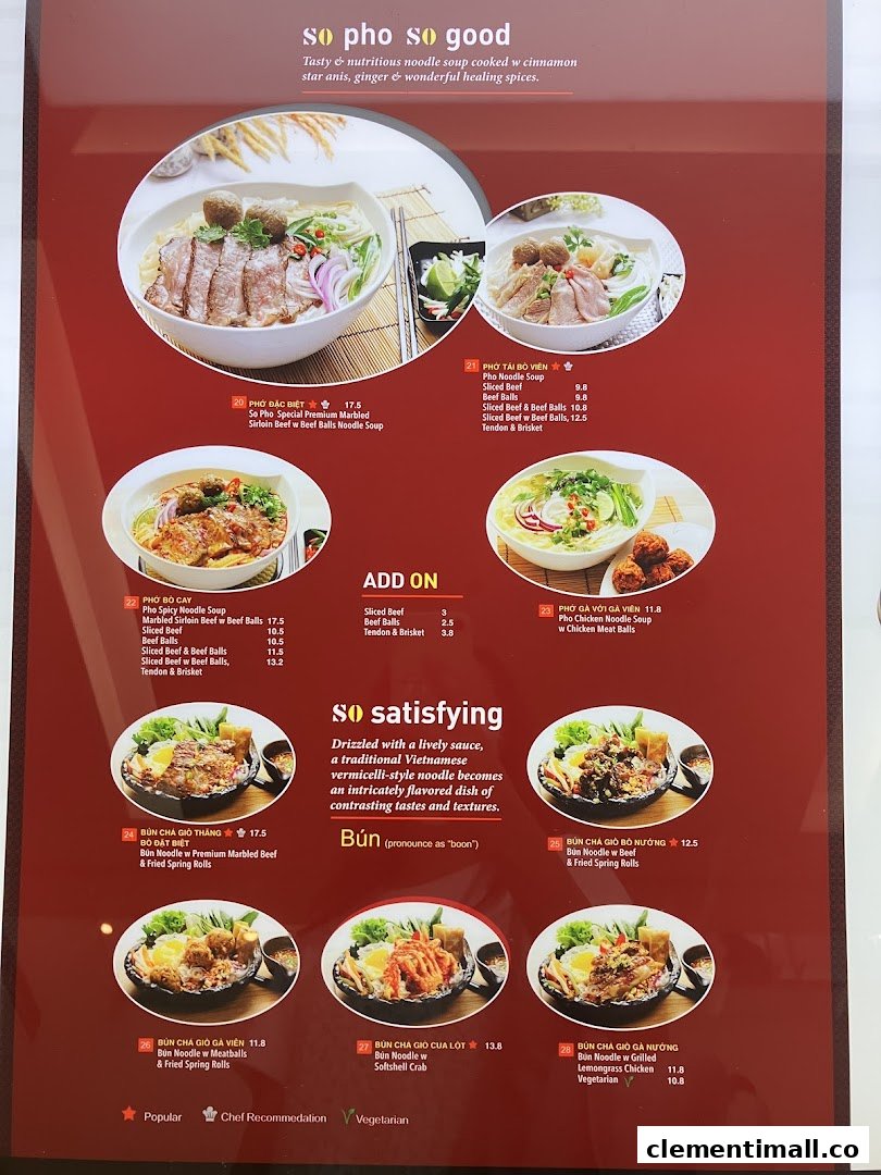 A vibrant menu displaying various Vietnamese pho and bun noodle dishes with descriptions and prices.