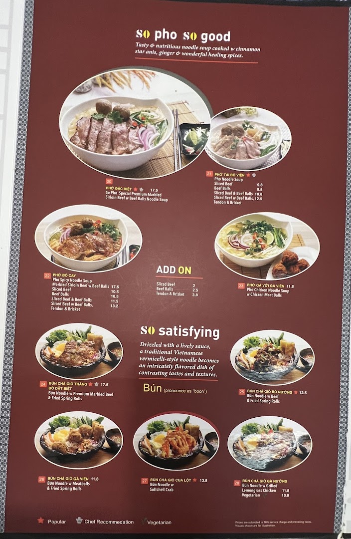 A detailed menu board for So Pho restaurant, showcasing various Vietnamese noodle dishes.
