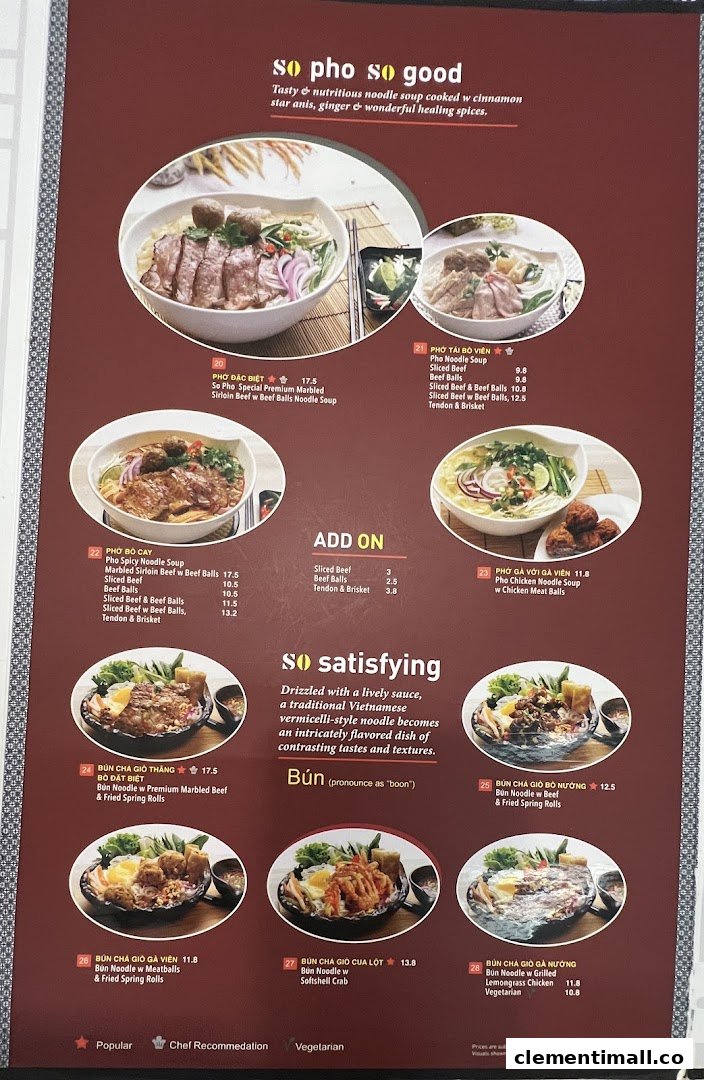 A detailed menu board for So Pho restaurant, showcasing various Vietnamese noodle dishes.