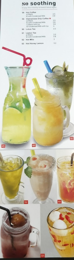 A menu page displaying various hot and cold beverages with their prices and accompanying photos.