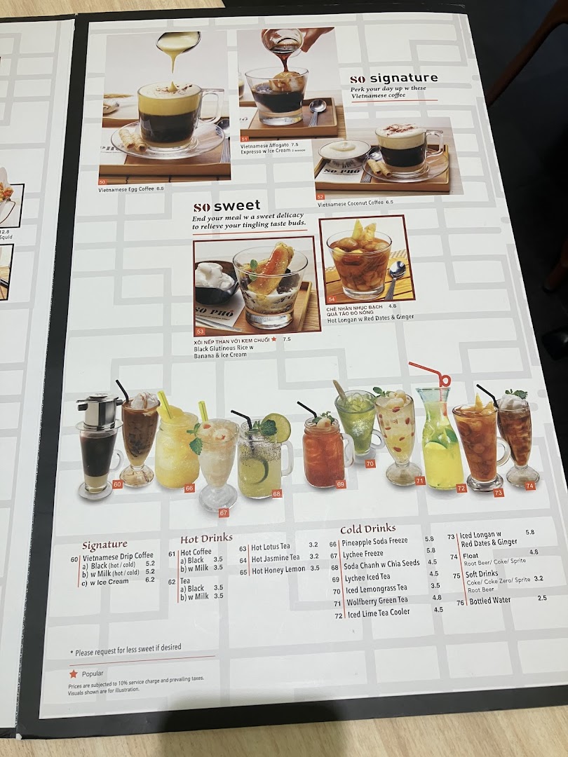 A detailed view of So Pho's dessert and beverage menu, featuring Vietnamese coffees, sweet treats, and cold drinks.