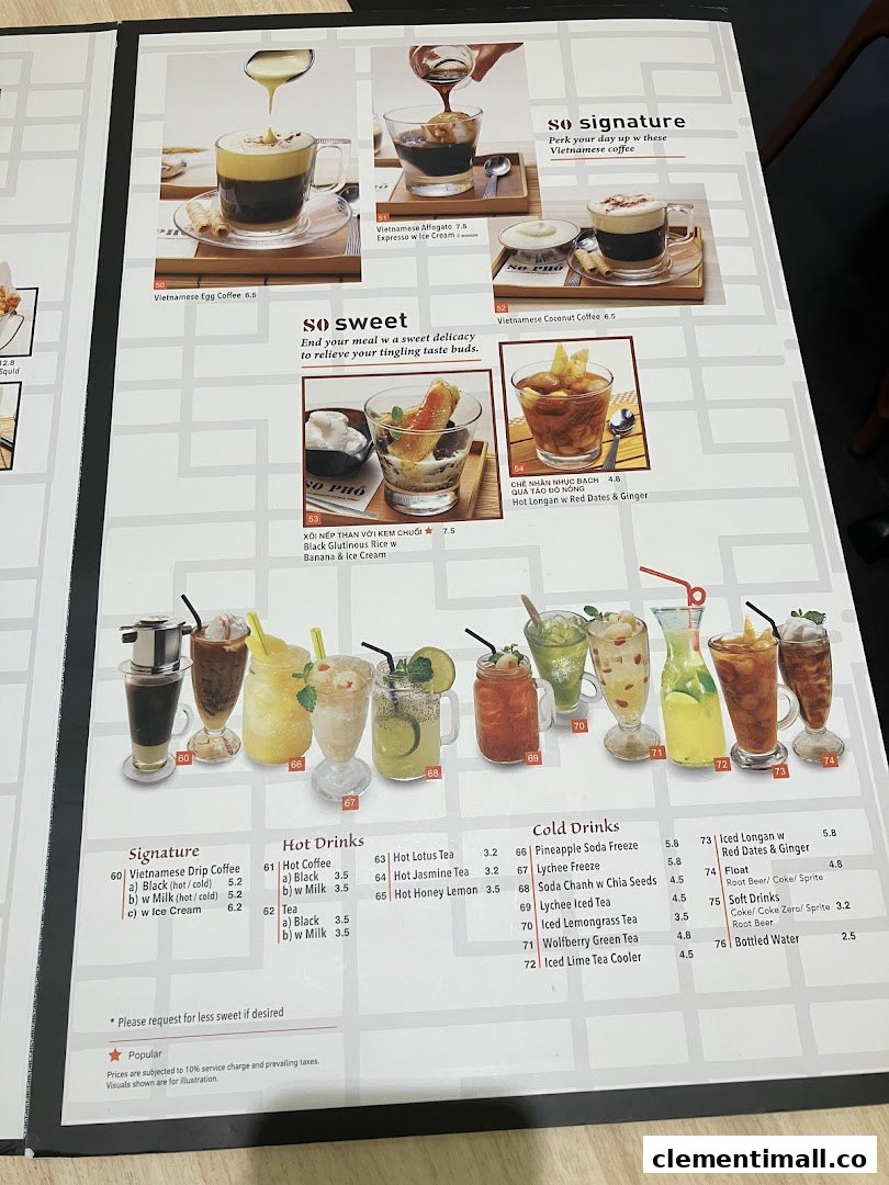 A detailed view of So Pho's dessert and beverage menu, featuring Vietnamese coffees, sweet treats, and cold drinks.