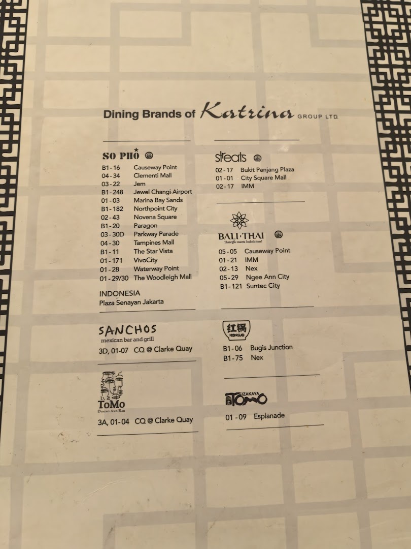 An informational board displaying various dining brands and their locations under the Katrina Group.