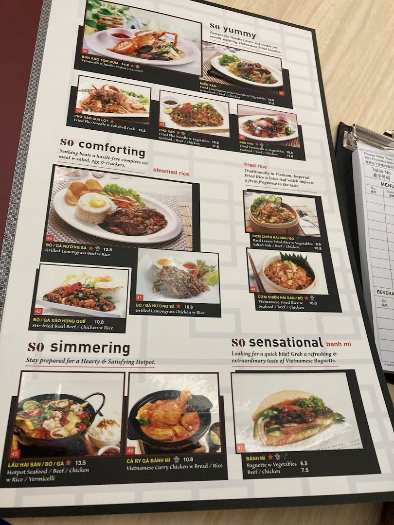 A detailed menu from So Pho Clementi Mall, showcasing various Vietnamese dishes with images and prices.