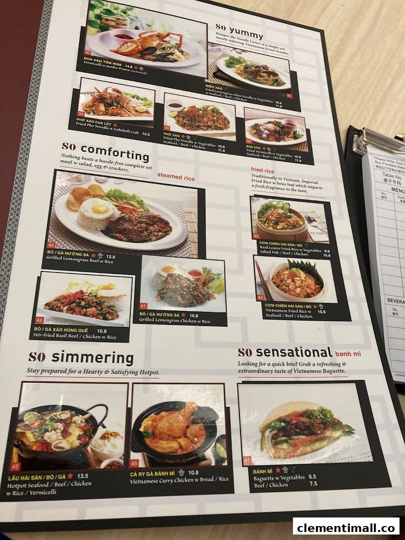 A detailed menu from So Pho Clementi Mall, showcasing various Vietnamese dishes with images and prices.