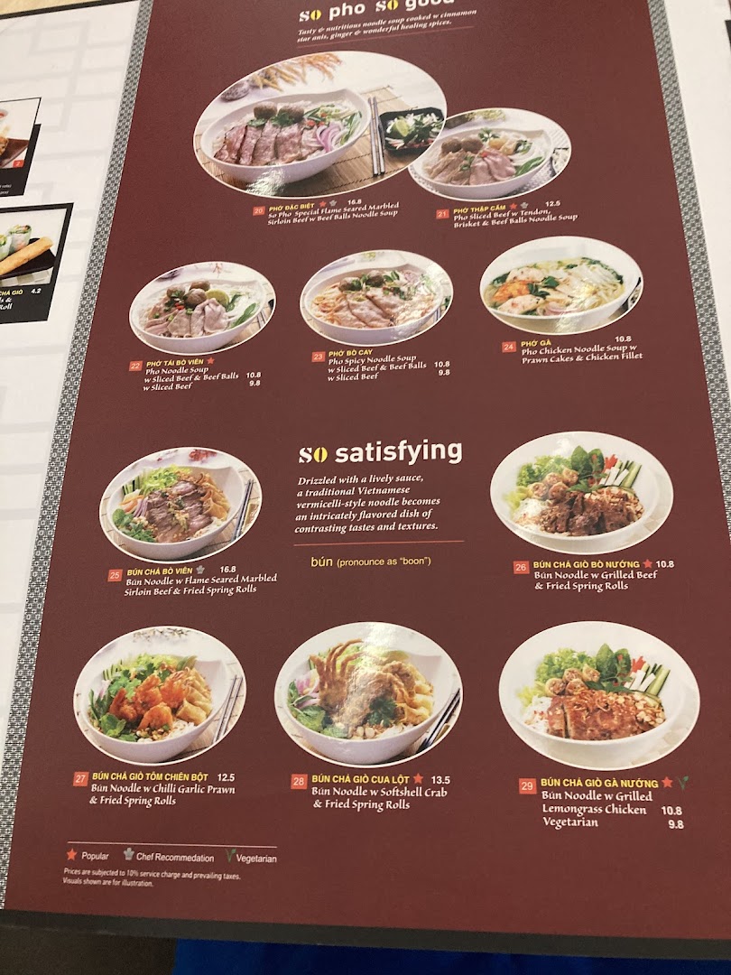 A detailed menu page from So Pho restaurant, showcasing various Vietnamese noodle dishes with images and prices.