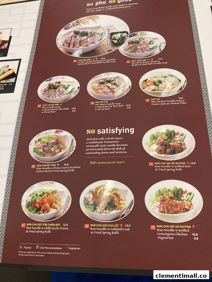 A detailed menu page from So Pho restaurant, showcasing various Vietnamese noodle dishes with images and prices.