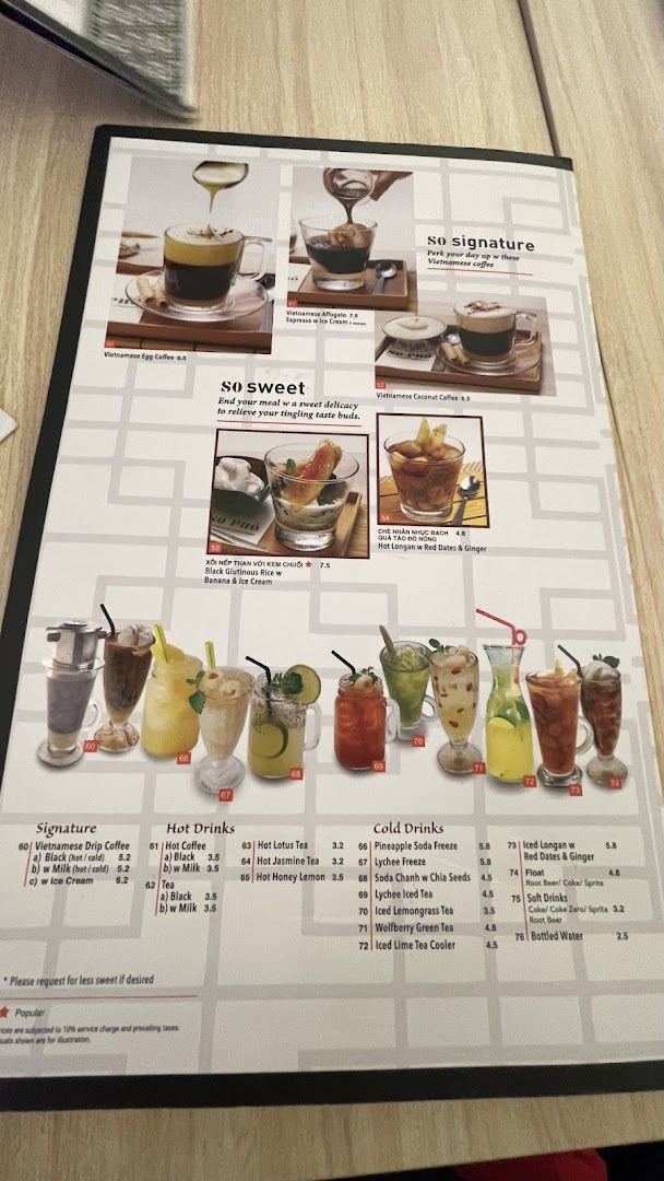 A detailed menu showcasing So Pho's signature Vietnamese coffees, refreshing cold drinks, and delightful desserts.