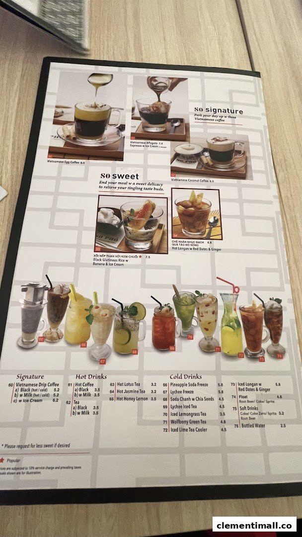 A detailed menu showcasing So Pho's signature Vietnamese coffees, refreshing cold drinks, and delightful desserts.