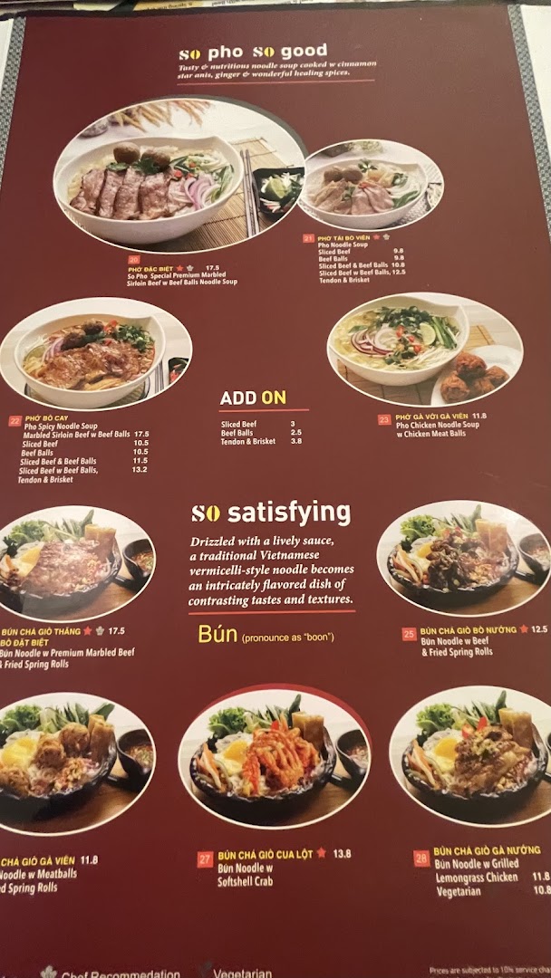 A detailed menu page from So Pho, showcasing various Pho and Bún noodle dishes with images.