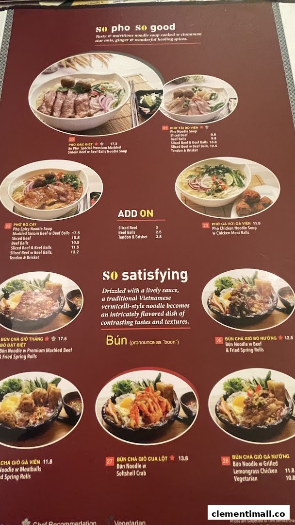 A detailed menu page from So Pho, showcasing various Pho and Bún noodle dishes with images.