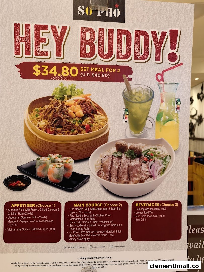 A promotional poster for So Pho's 'Hey Buddy!' set meal for two, featuring Vietnamese dishes and drinks.