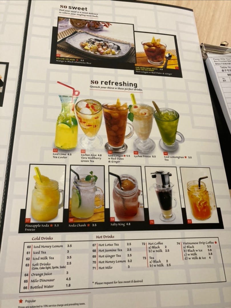 A detailed menu page showcasing a variety of refreshing drinks and sweet desserts from So Pho.