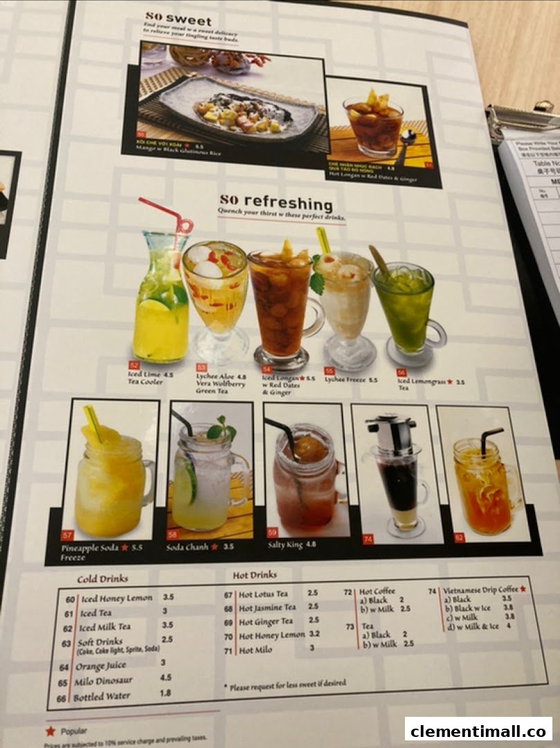 A detailed menu page showcasing a variety of refreshing drinks and sweet desserts from So Pho.