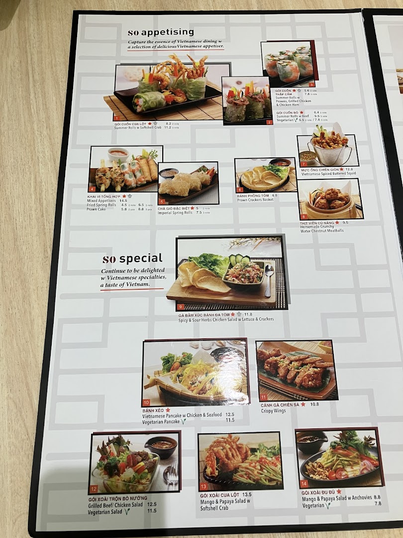 A detailed menu page from So Pho, showcasing a variety of Vietnamese appetisers and specialties with images and prices.