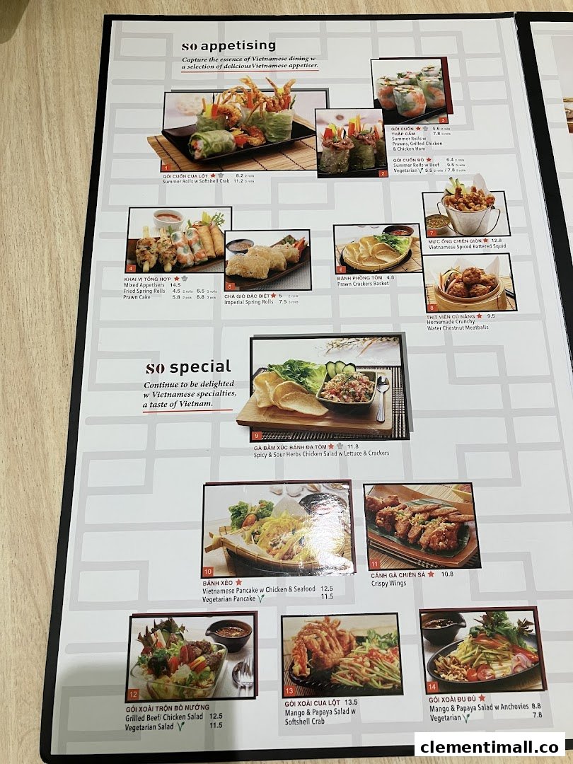 A detailed menu page from So Pho, showcasing a variety of Vietnamese appetisers and specialties with images and prices.