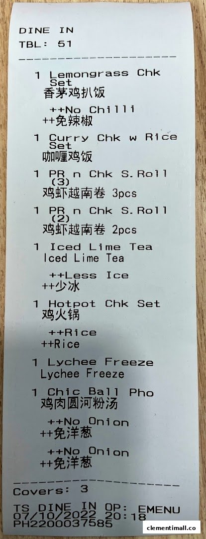 A detailed order slip from So Pho Clementi Mall, listing various Vietnamese dishes and drinks.