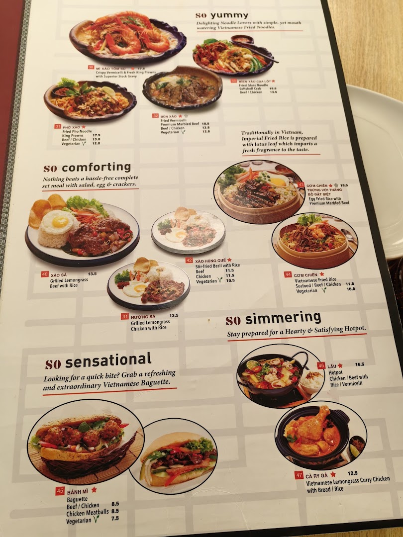 A detailed menu from So Pho, showcasing various Vietnamese noodle, rice, baguette, and hotpot dishes.