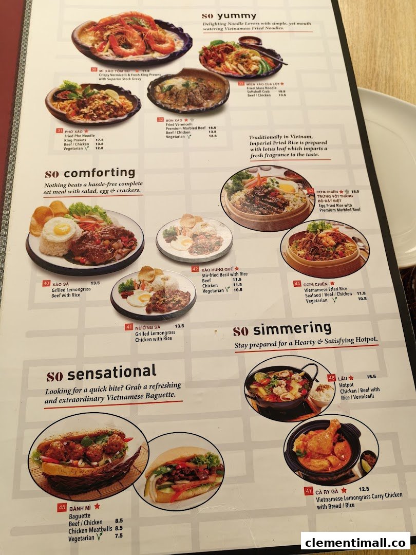 A detailed menu from So Pho, showcasing various Vietnamese noodle, rice, baguette, and hotpot dishes.