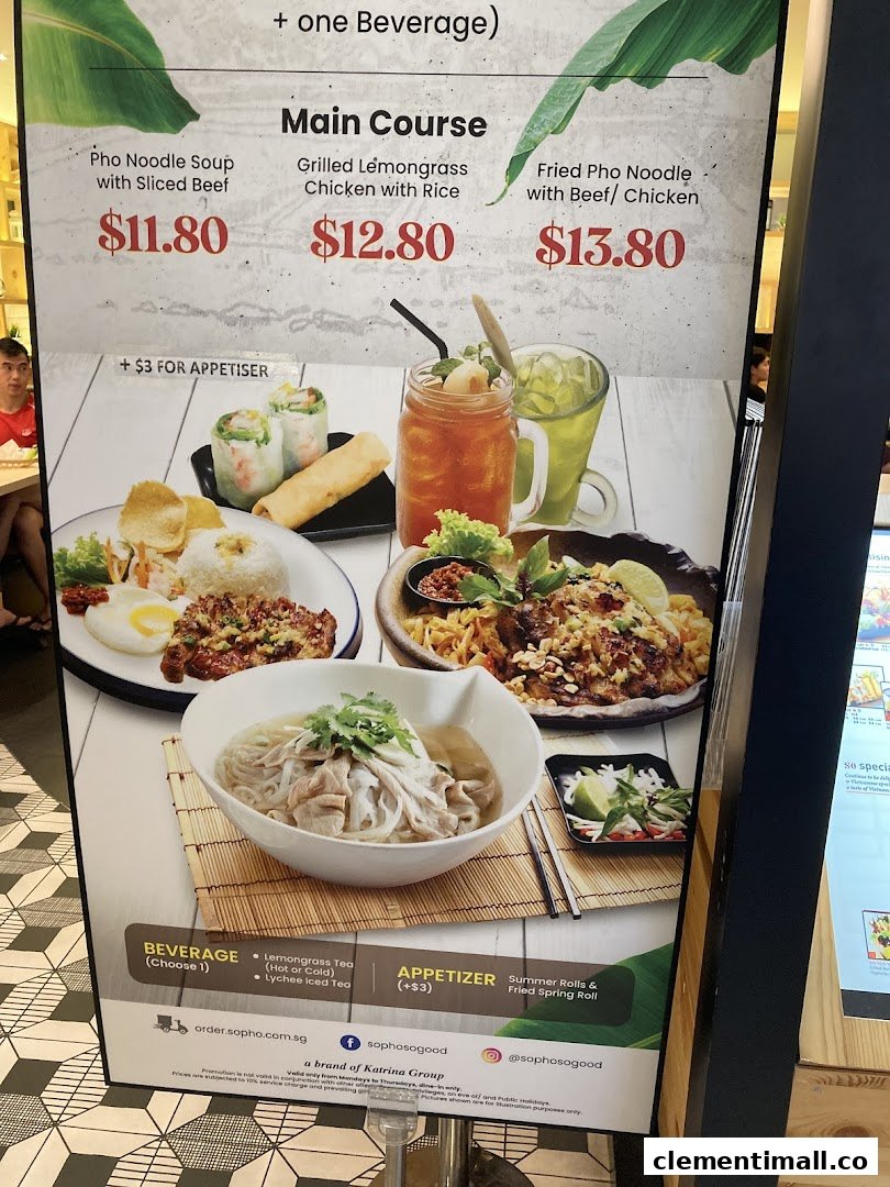 A menu board displaying main courses, beverages, and appetizers with prices and food images.